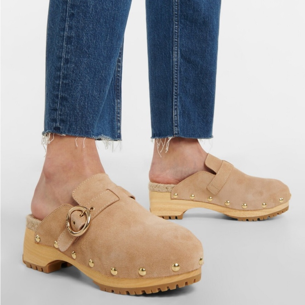 See By Chloe Tan Suede Mules with Gold Accents